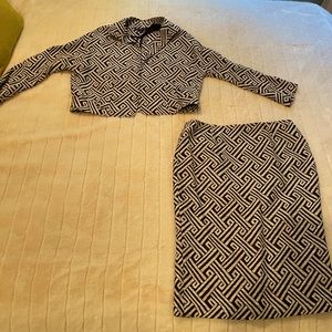 2-piece suit, brown/cream geometric pattern, jacket and back zip skirt